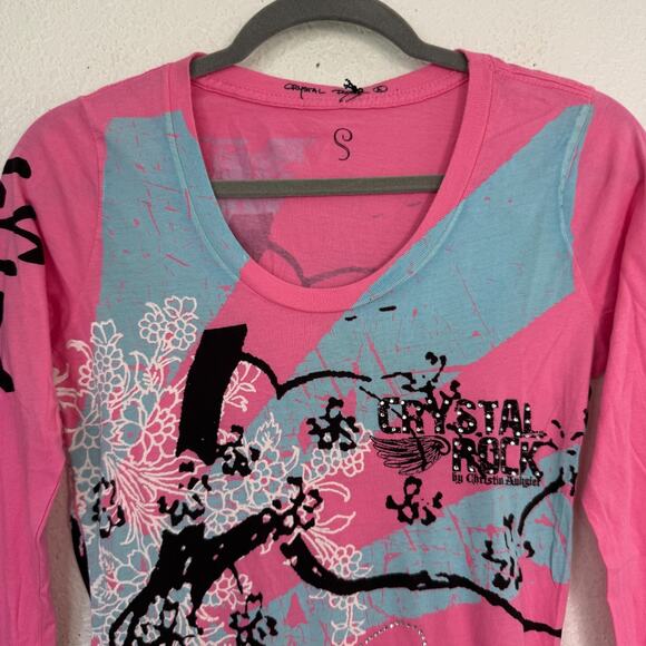 Christian Audigier Crystal Rock Y2K Shirt Womens Small Tokyo Sun Cherry Blossom - Picture 6 of 16